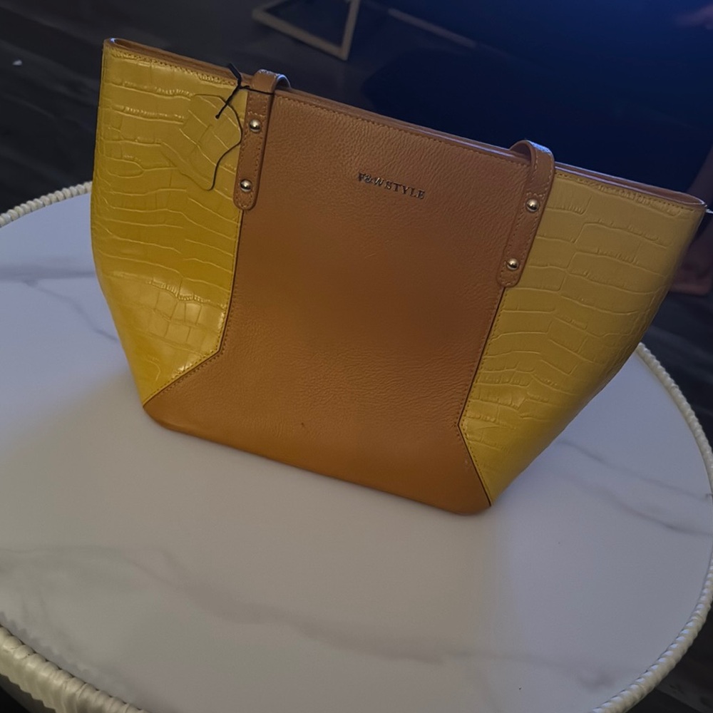 Yellow/Mustard Yellow Color Block Tote Bag with Structured Design